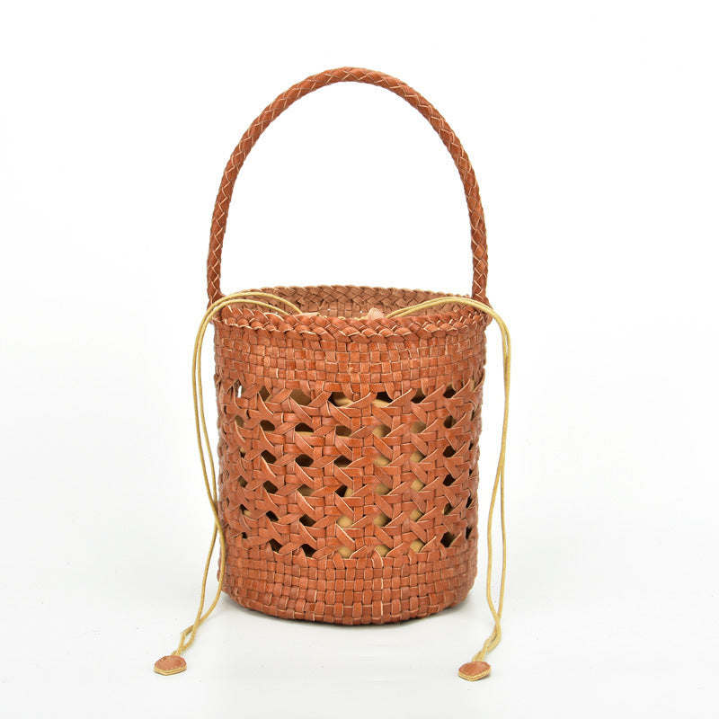 Authentic Leather Weave Vegetable Basket Layer Cowhide Hollow Women's Handbag