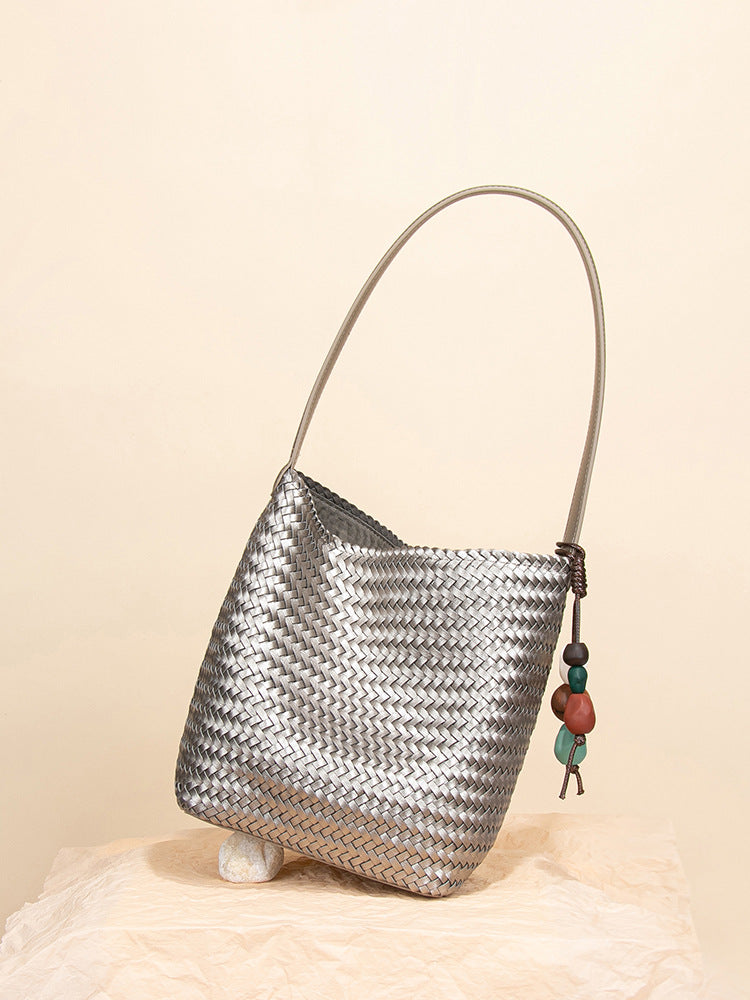 Tanned Soft Leather Woven Large Capacity Design Bucket Bag
