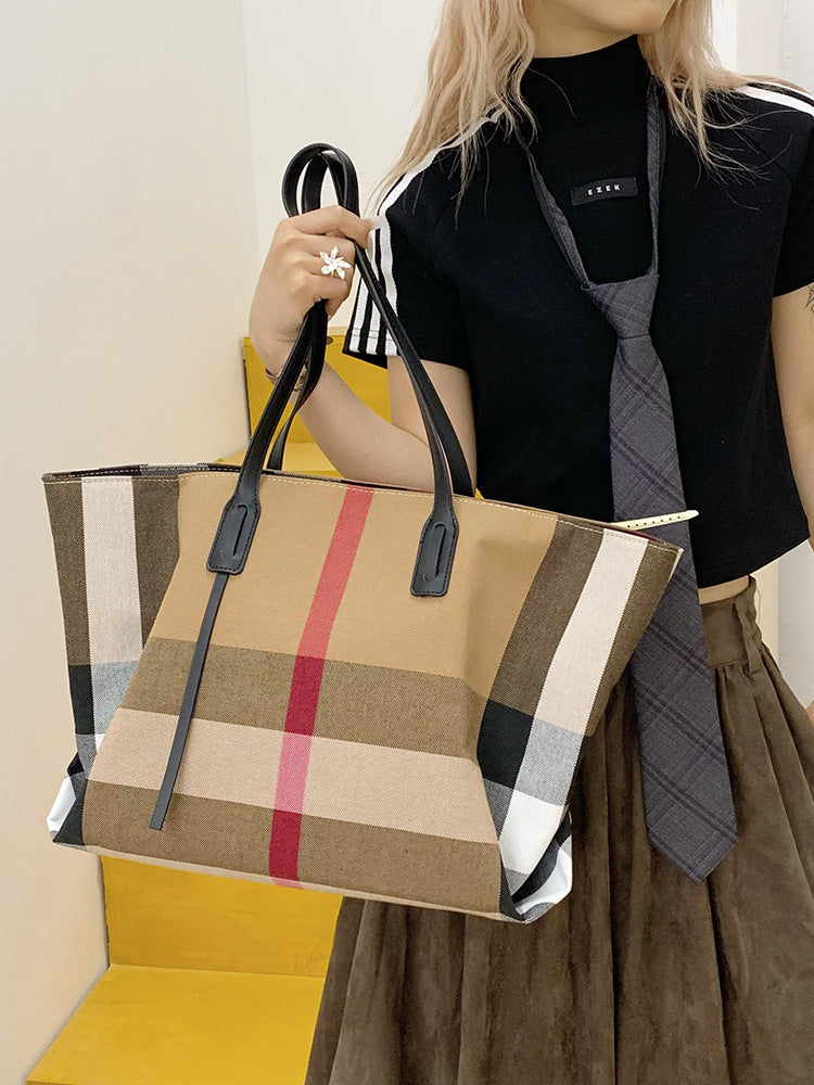 Women's Canvas Check Pattern Large Capacity Totes Shopping Textured Women's Shoulder Bag