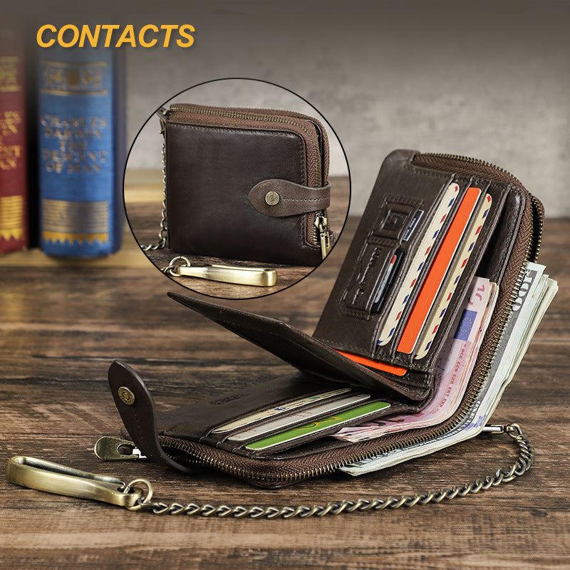 Men's Black Angel First Layer Cowhide Swiping Chain Fashion Hasp Men's Wallet