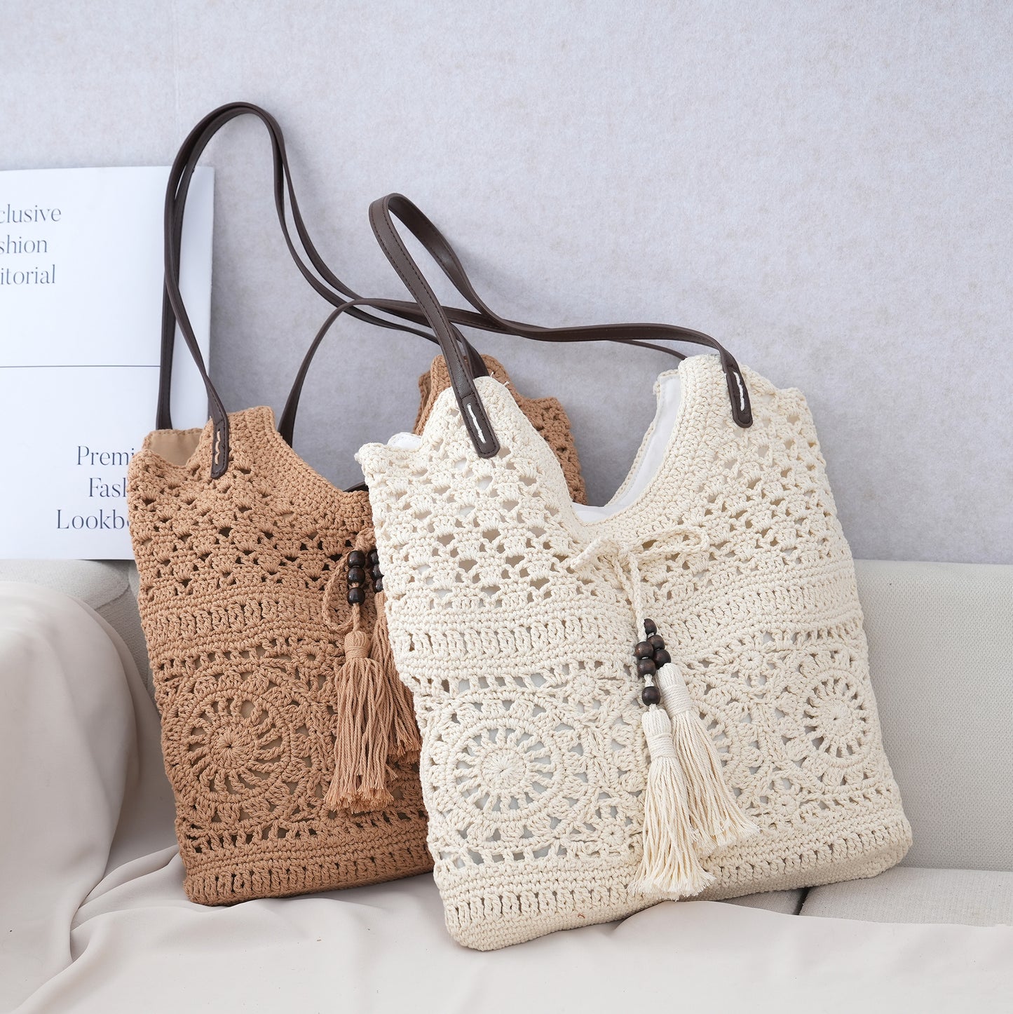 Women's Fashion Large Capacity Cotton Thread Woven Bags