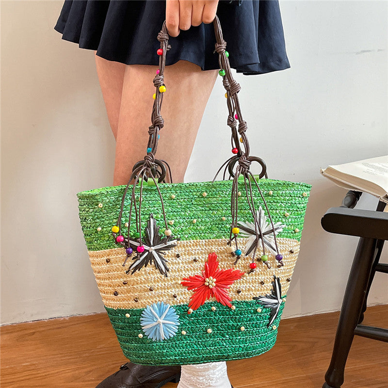 Women's Contrast Color Straw Beaded Weave Seaside Women's Shoulder Bag