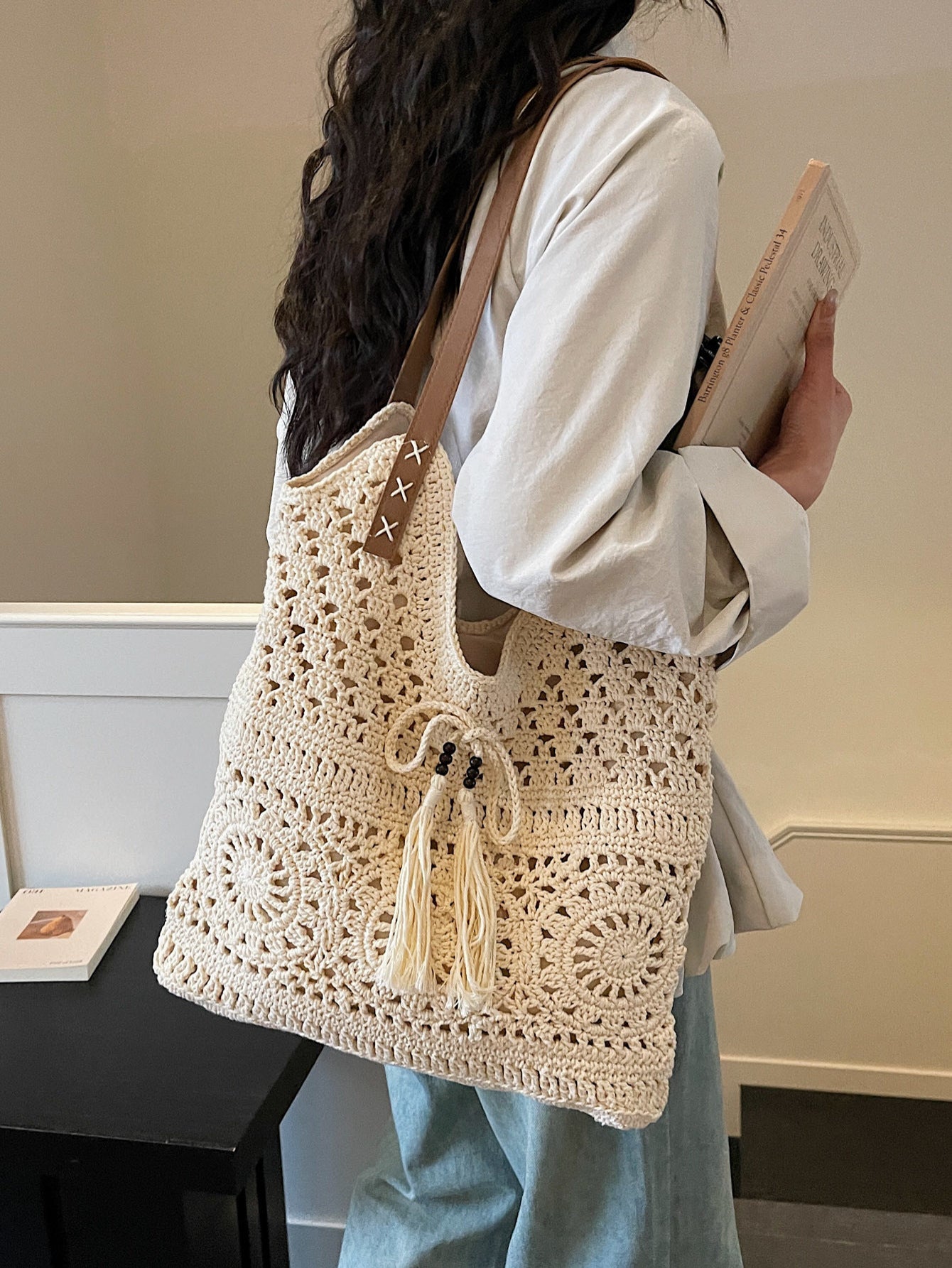 Tassel Cotton Thread Woven Hollow Pattern Bearded Needle Leisure Vacation Bags