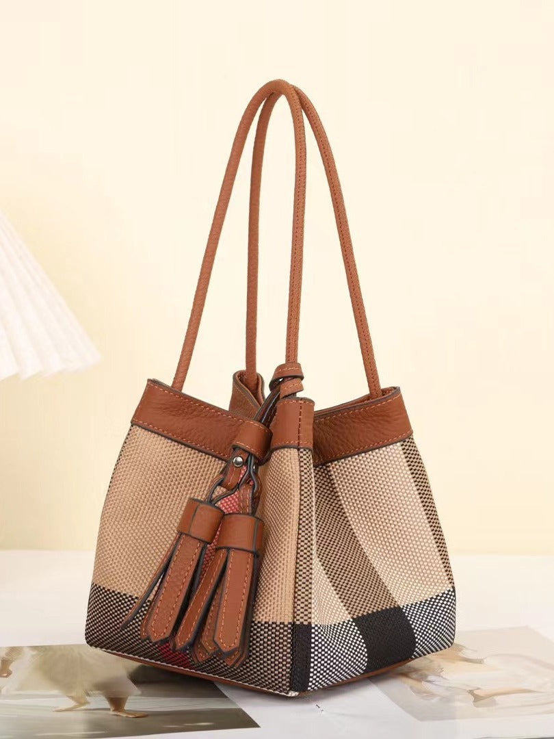 Women's Elegant Plaid Soft Leather Portable Vegetable Bucket Bags