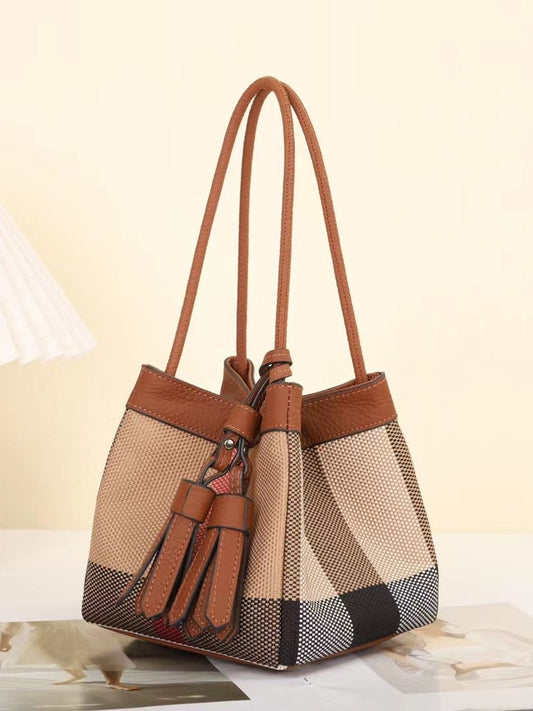 Women's Elegant Plaid Soft Leather Portable Vegetable Bucket Bags