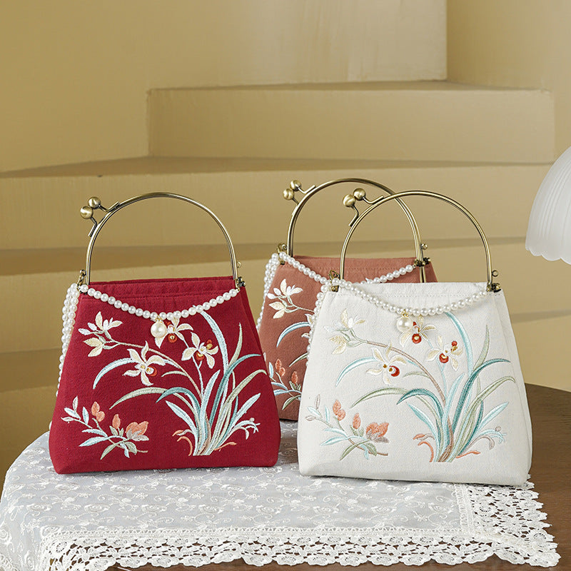 Linen Embroidered National Style Cheongsam Banquet Pearl Handbags