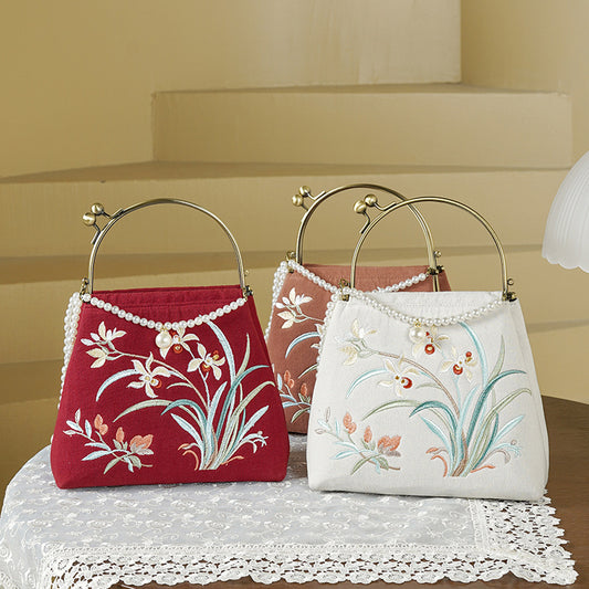Linen Embroidered National Style Cheongsam Banquet Pearl Handbags