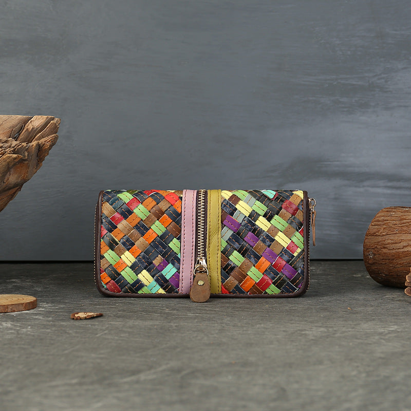 Authentic Leather Weave Color Matching Long Large Capacity Multiple Slots Ladies Wallet