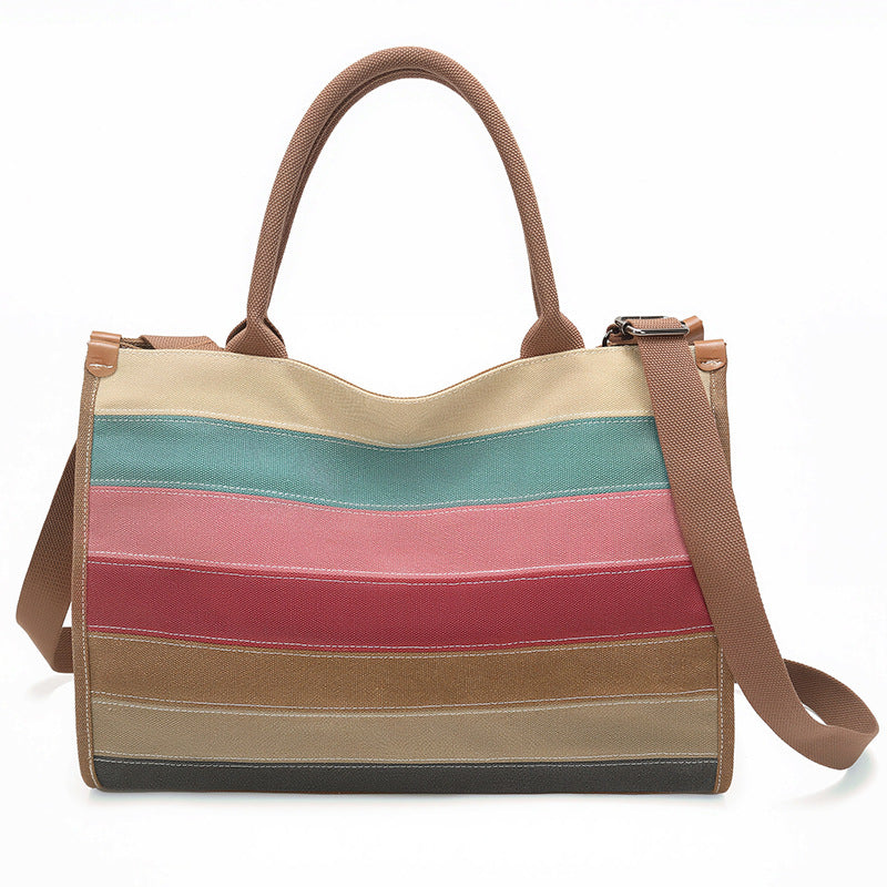Women's Canvas Striped Large Vintage Fashion Stitching Tote Bag
