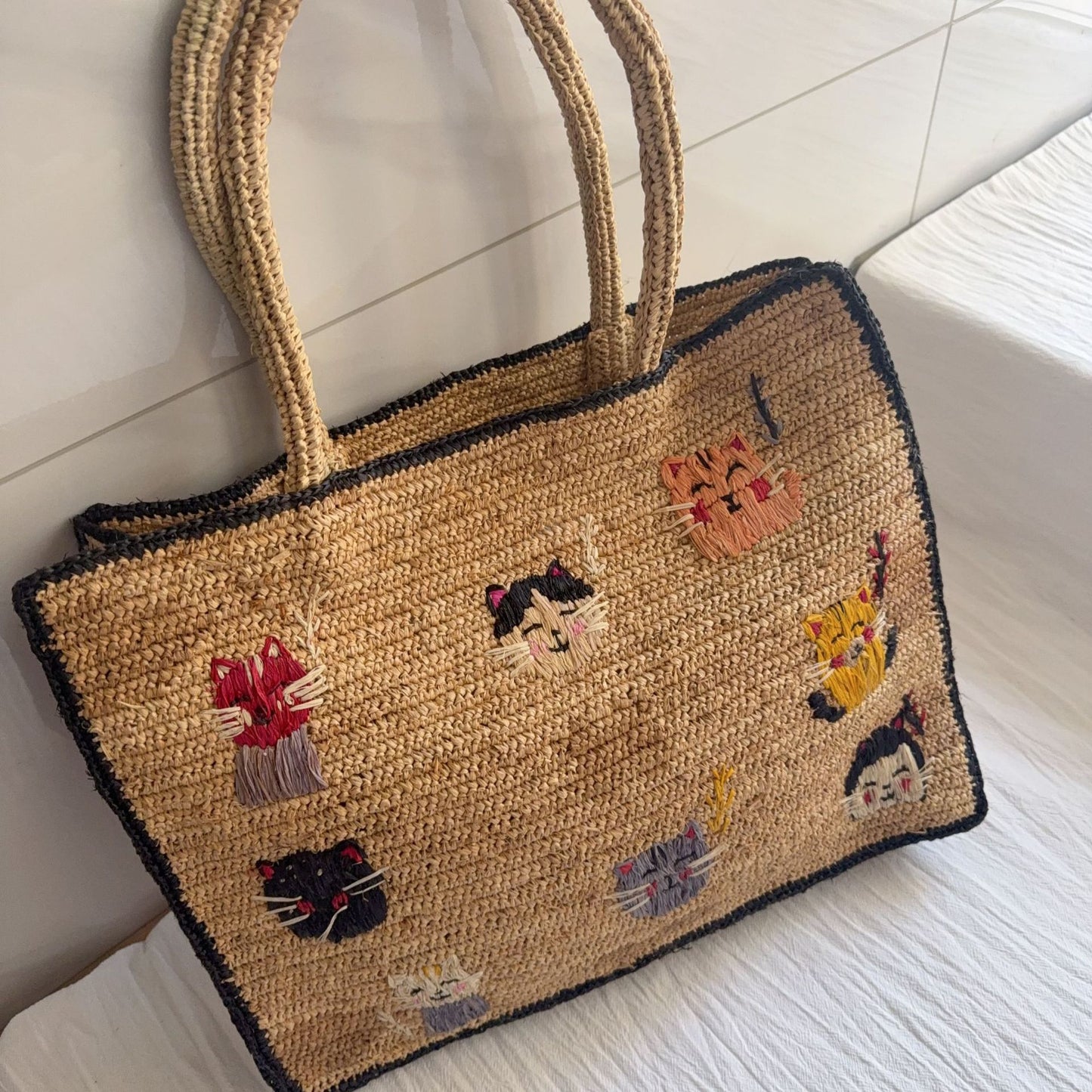 Raffia Woven Handmade Embroidered Cute Animal Women's Handbag