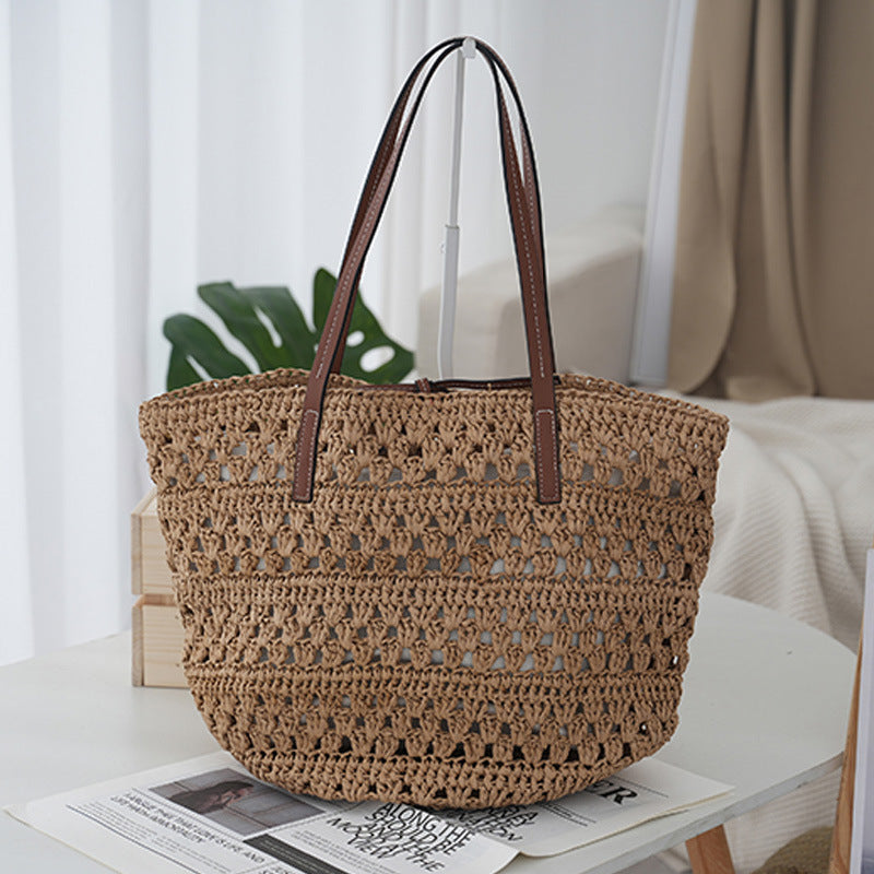 Women's Large Capacity Straw Simple Hollow Woven Vacation Style Women's Handbag