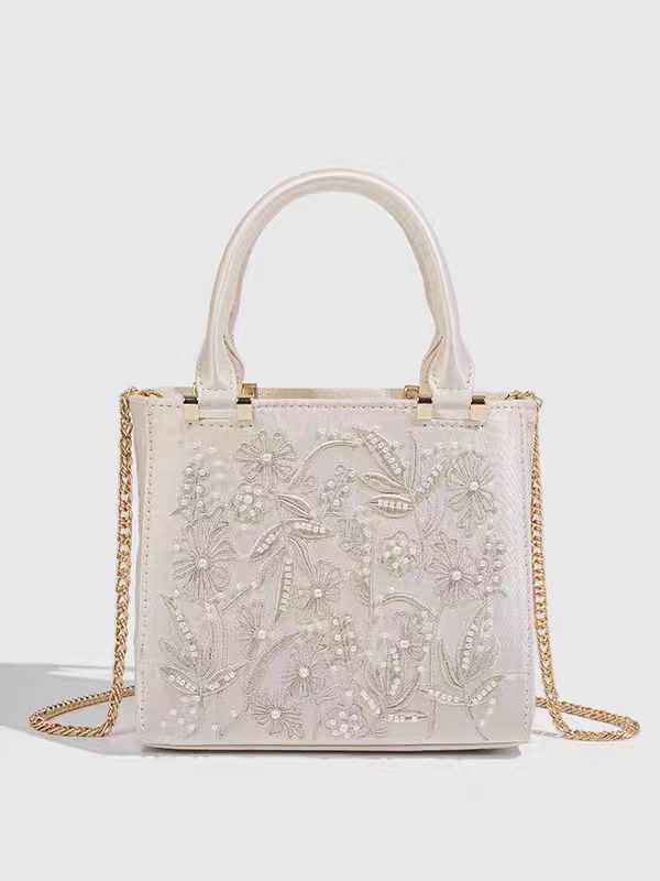 Women's Artificial Decorated Pearls Silk Satin Texture Hard Women's Handbag