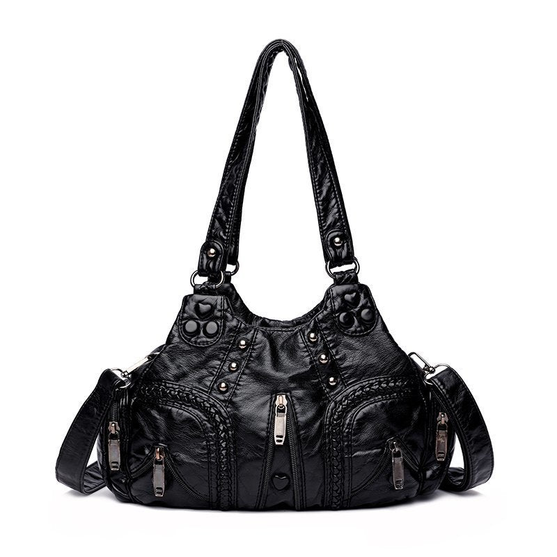 Women's Single Washed Soft Leather Large Capacity Bags
