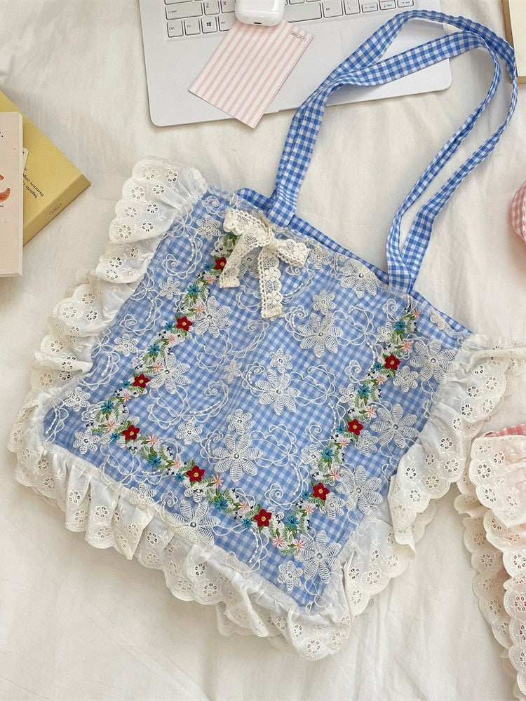 Women's Mori Pastoral Style Plaid Embroidered Lace Large Bags