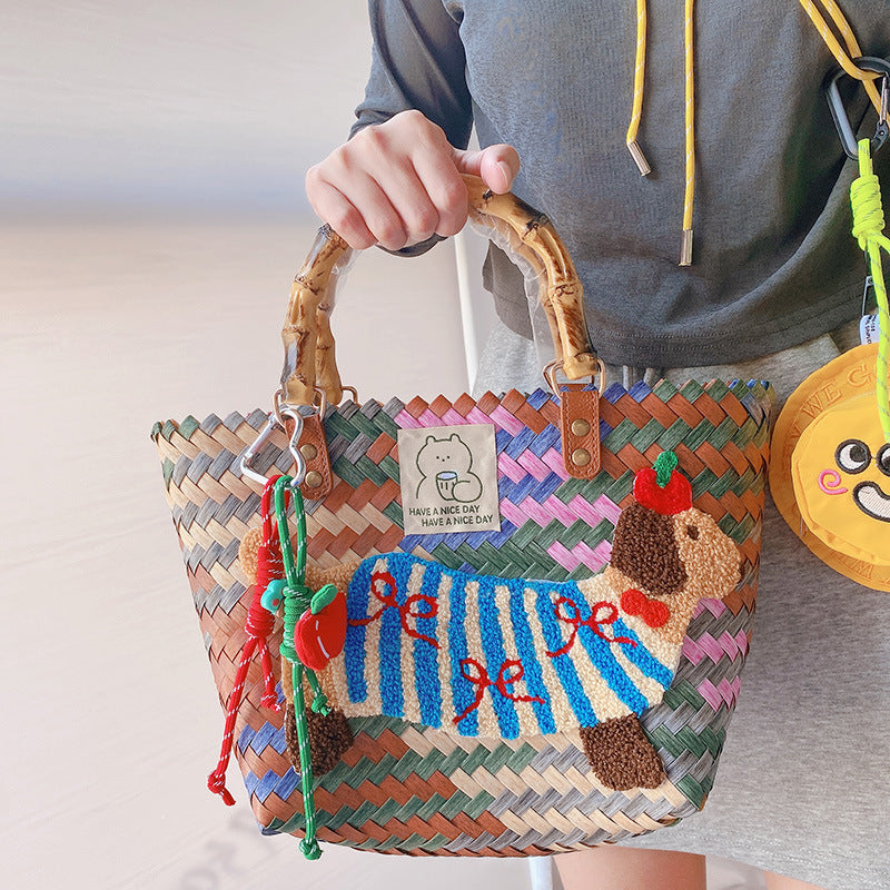 Women's Vintage Stripe Sausage Dog Repair Woven Nylon Rope Pendant Handbags
