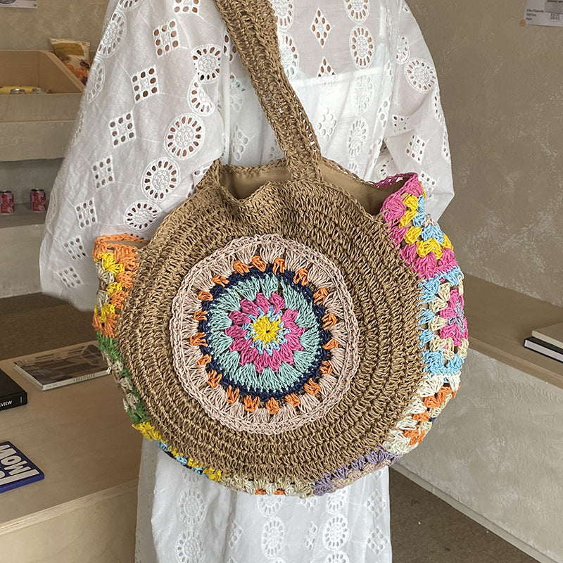 Ethnic Style Round Woven Large Capacity Pastoral Straw Shoulder Bags