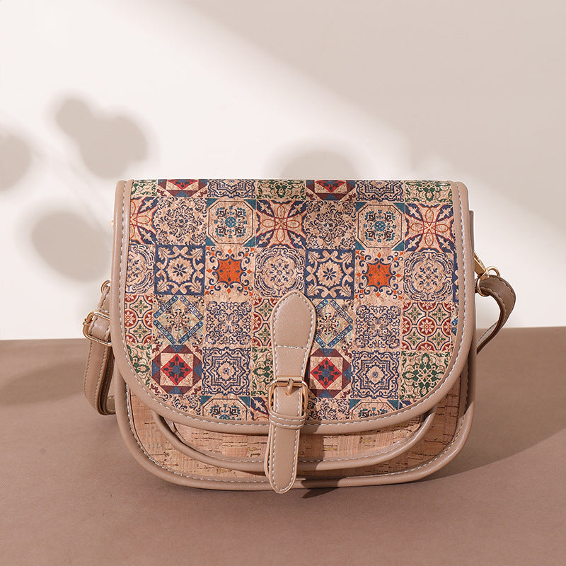 Women's Soft Wood Grain Bark Ethnic Style Patchwork Women's Messenger Bag