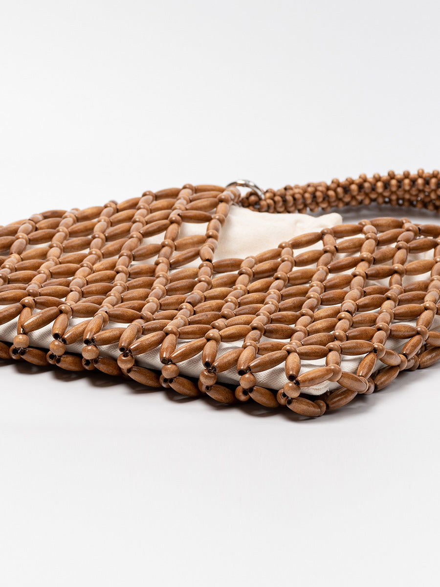 Women's Maple Material Woven Seaside Vacation Beach Wooden Bead Women's Shoulder Bag