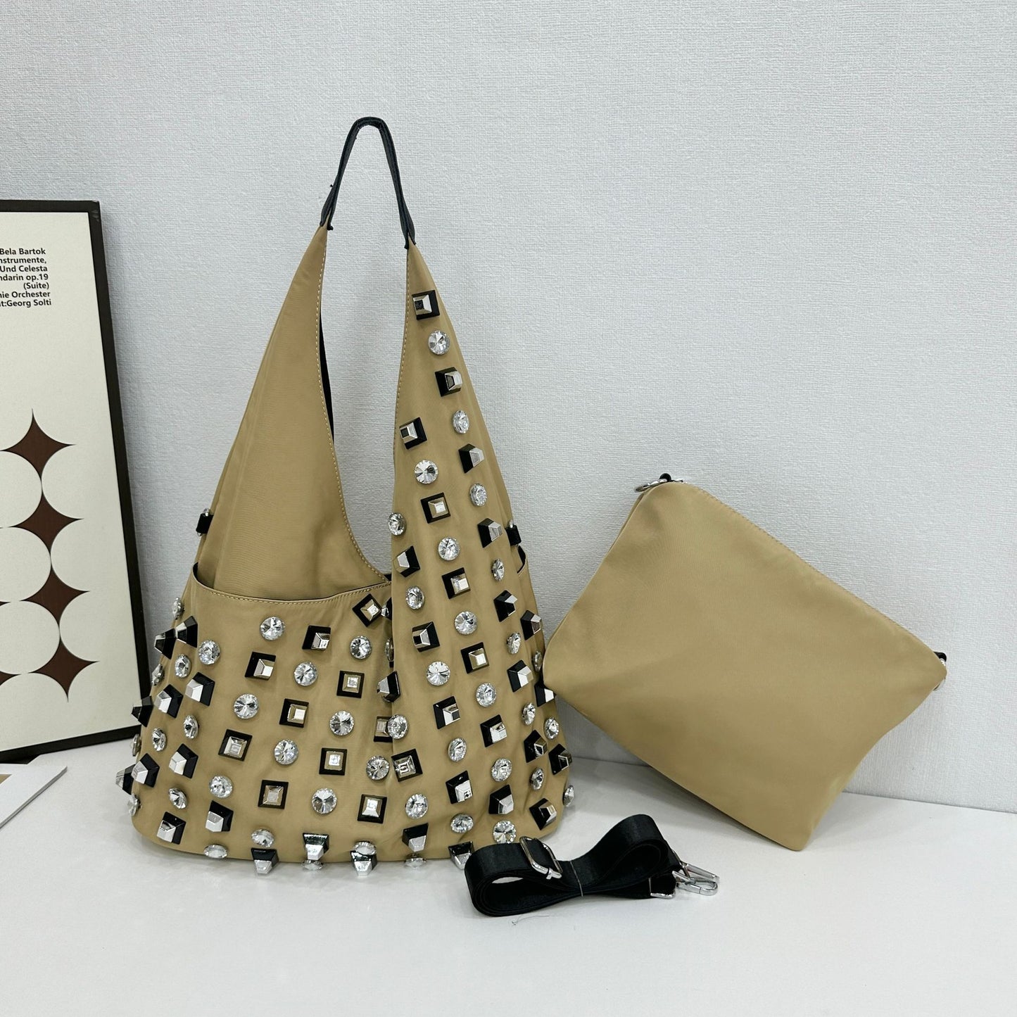 Women's Rhinestone Trend Diamond Nylon Material Large Shoulder Bags