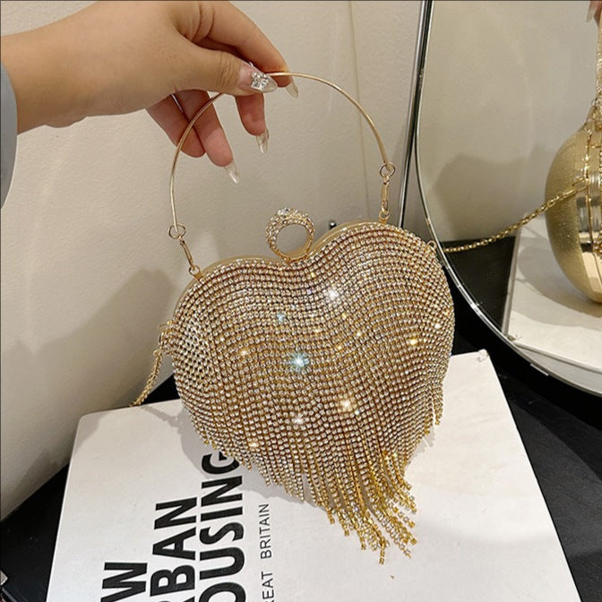 Women's Portable Rhinestone Heart High-grade Tassel Dinner Dress Women's Shoulder Bag