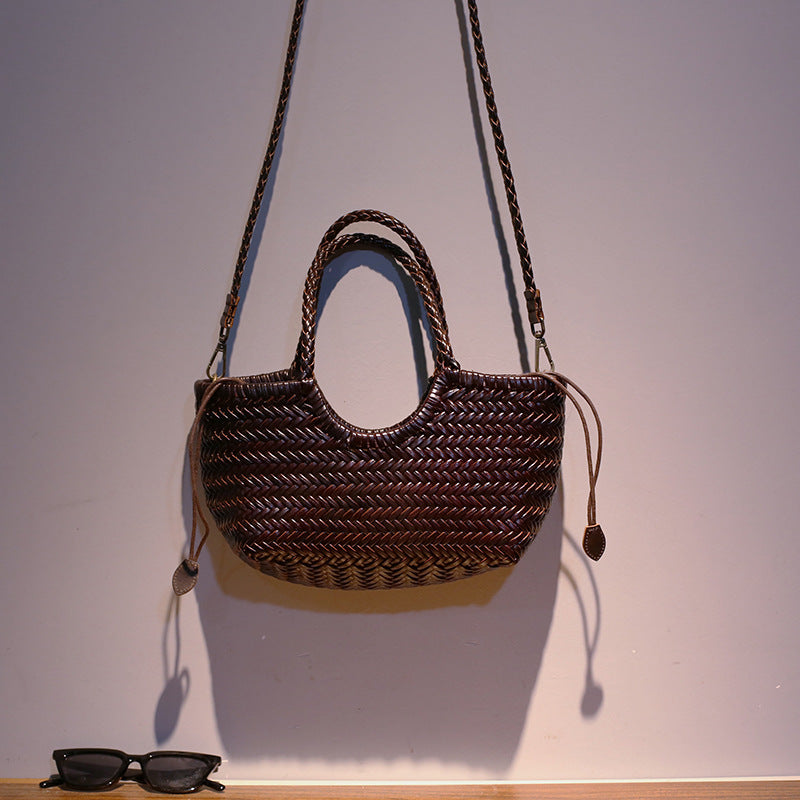 Women's Korean Retro Curved Mouth Woven Authentic Leather Weave Vegetable Women's Handbag