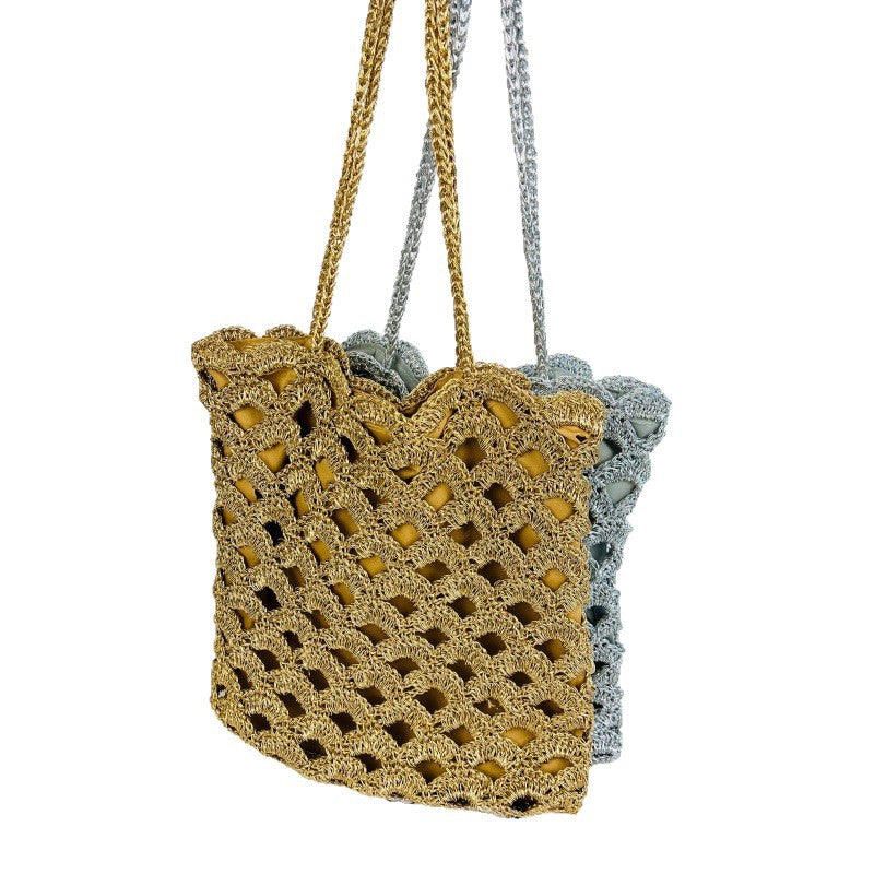 Women's Gold Sier Hollow Straw Woven Handmade Wave Pattern Women's Shoulder Bag