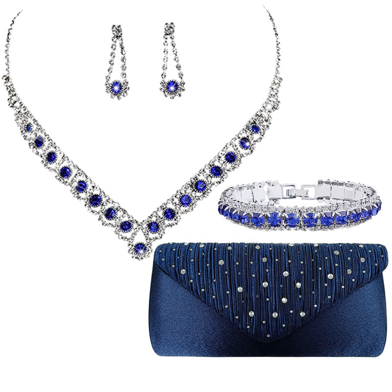 Jewelry Pcs Set Blue Zircon Necklace Earring Bracelet Satin Bags