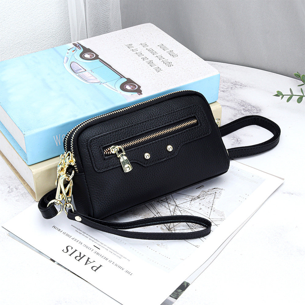 Women's Motorcycle Layer Cowhide Double Zipper Multifunctional Women's Messenger Bag