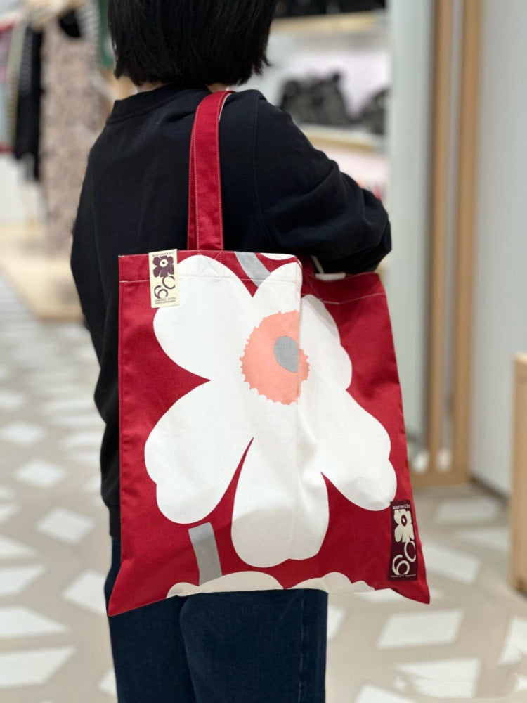 Women's White Big Flower Nordic Style Cotton Week Commemorative Leisure Shoulder Bags