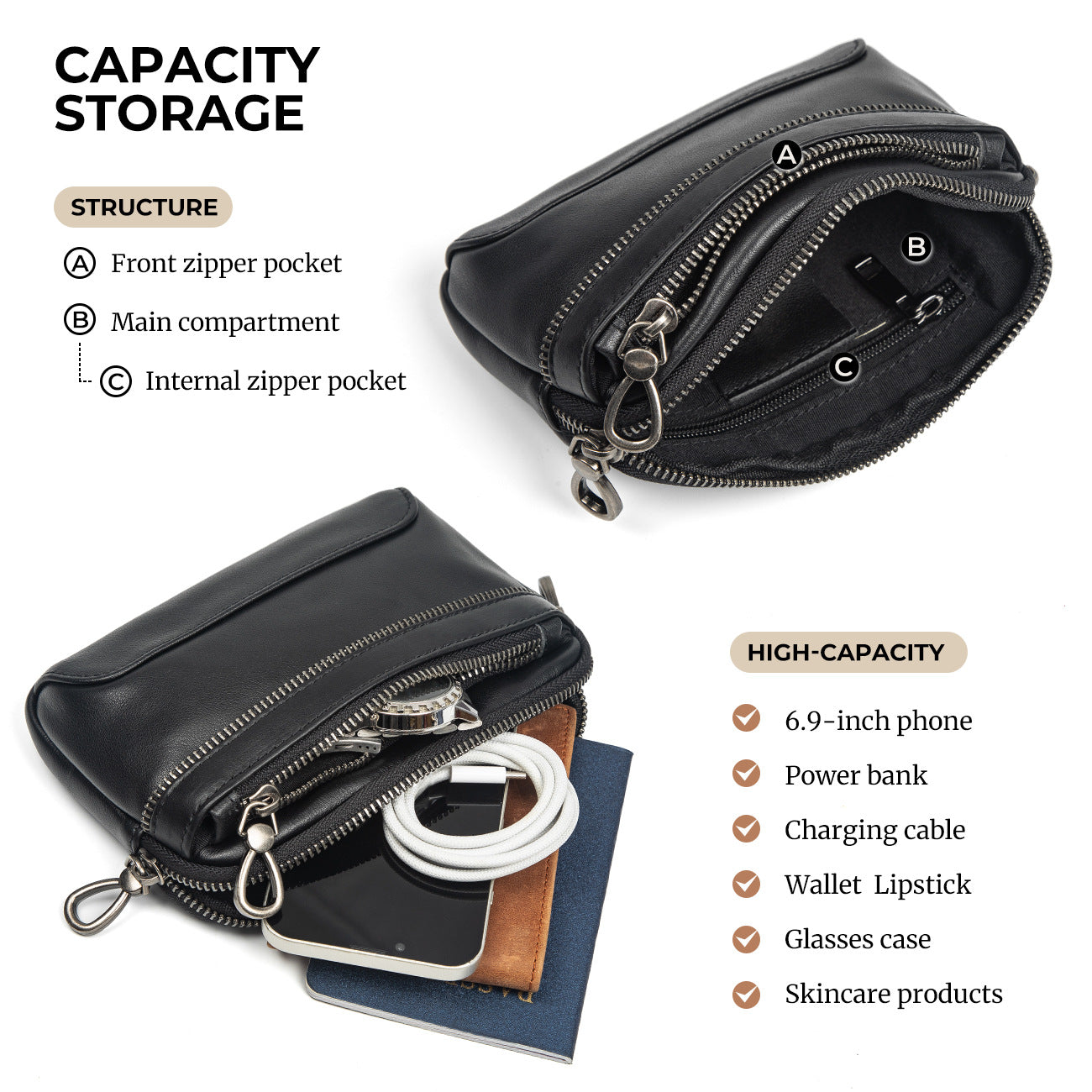 Men's Genuine Leather Double Zipper Cell Storage Men's Fanny Pack