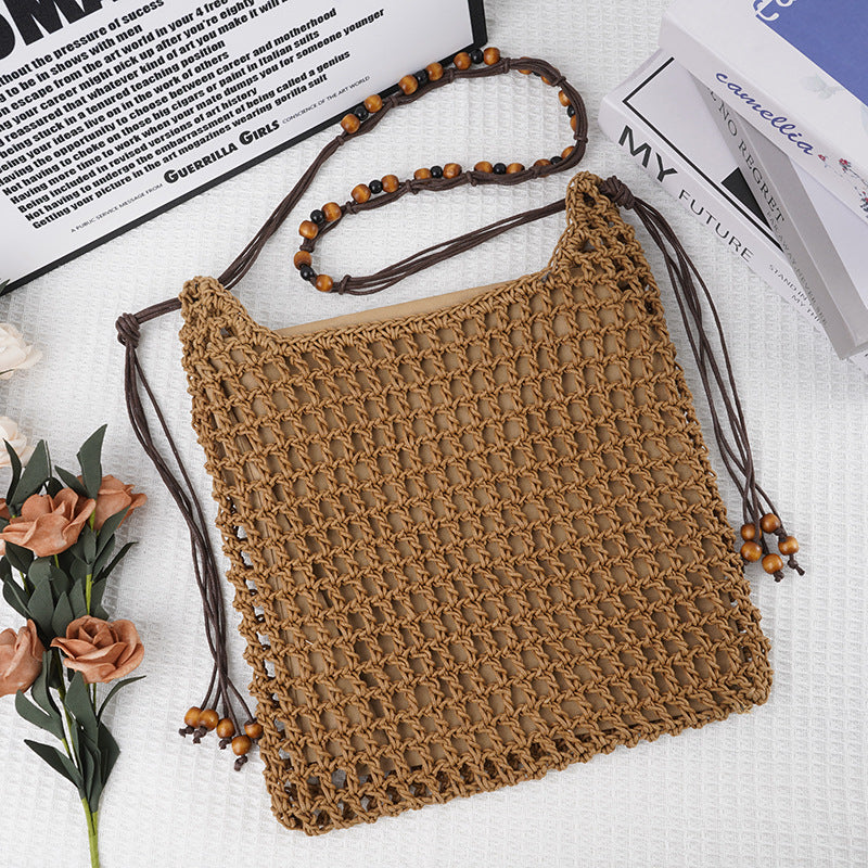 Net Weaving Hollow Wooden Bead Vacation Style Bags
