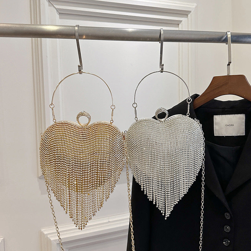 Women's Portable Rhinestone Heart High-grade Tassel Dinner Dress Women's Shoulder Bag