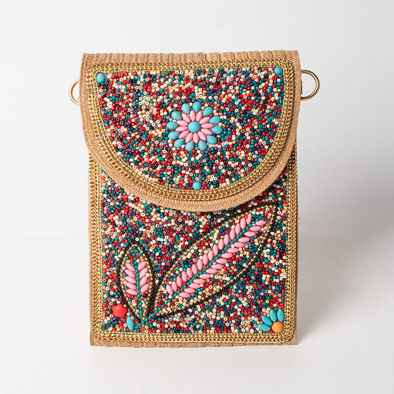 Women's Style Bead Turquoise Pattern Straw Woven Shoulder Bags