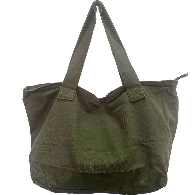 Large Capacity Simple Zipper Korean Style Washed Canvas Shoulder Bags