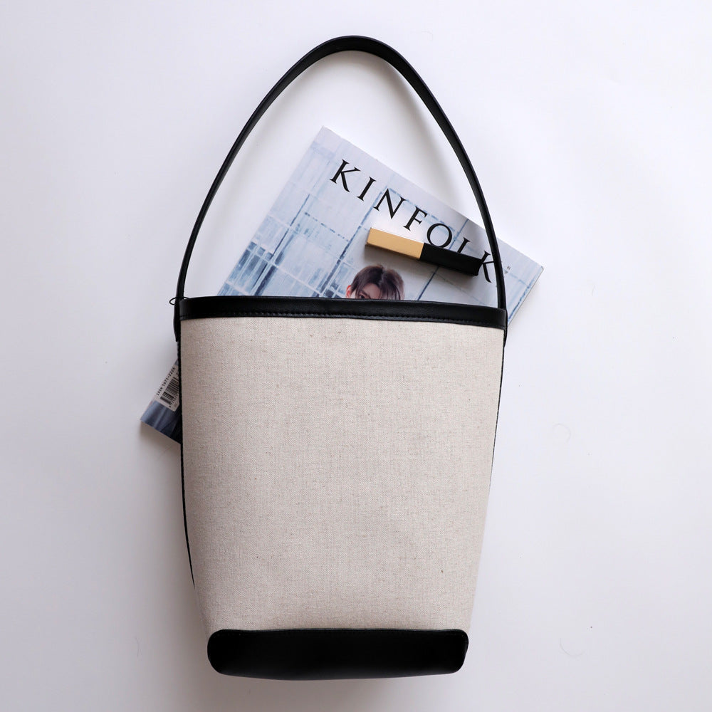 Contrast Color Large Capacity Canvas Commuter Cotton Linen Leather Women's Shoulder Bag