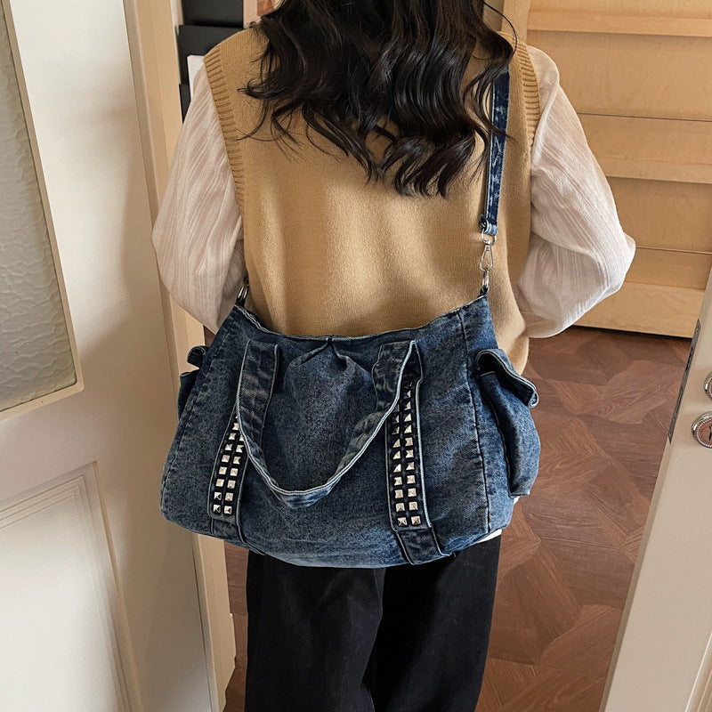 Women's Denim Punk Style Motorcycle Rivet Large Capacity Bags