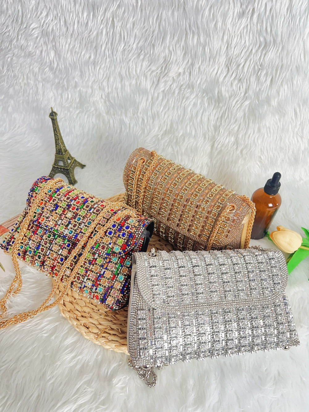 Women's Color Matching Rhinestone Ornament Gem Diamond Dinner Bag