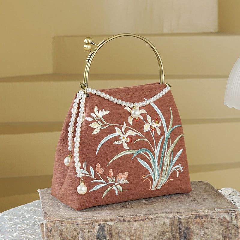 Linen Embroidered National Style Cheongsam Banquet Pearl Handbags