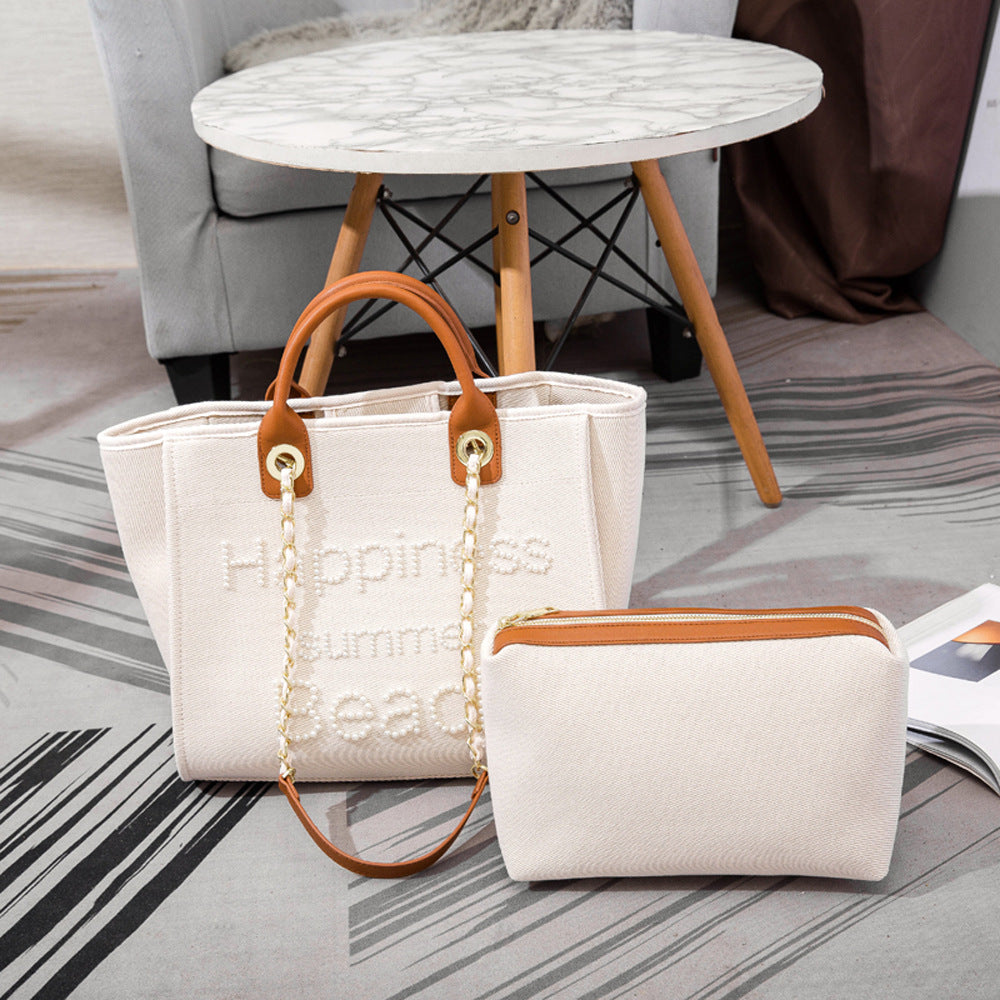 Women's Classic Style Pearl Embroidered Canvas Large Capacity White Women's Shoulder Bag