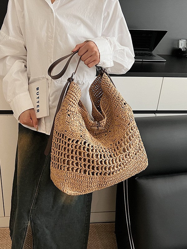 Women's Straw Woven Large Capacity Mesh Hollow Out Seaside Vacation Shoulder Bags
