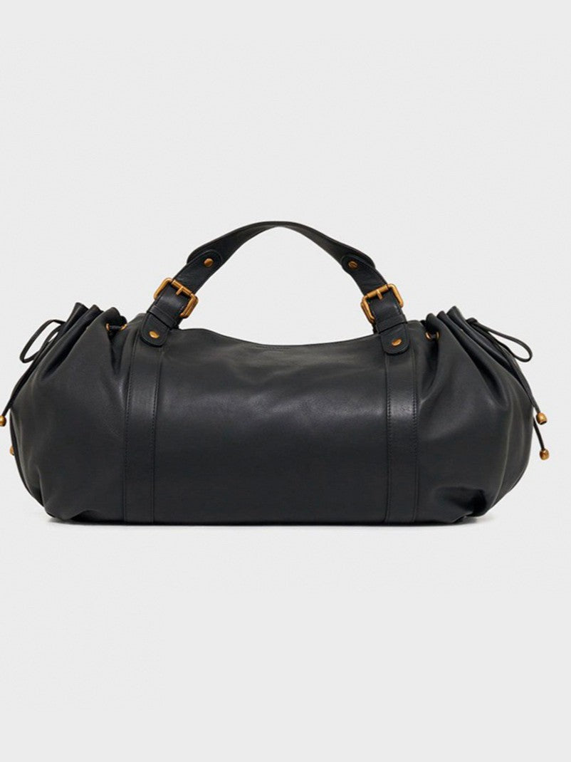 Retro Black Large Capacity Soft Leather Commuter Pleated Drawstring Women's Handbag