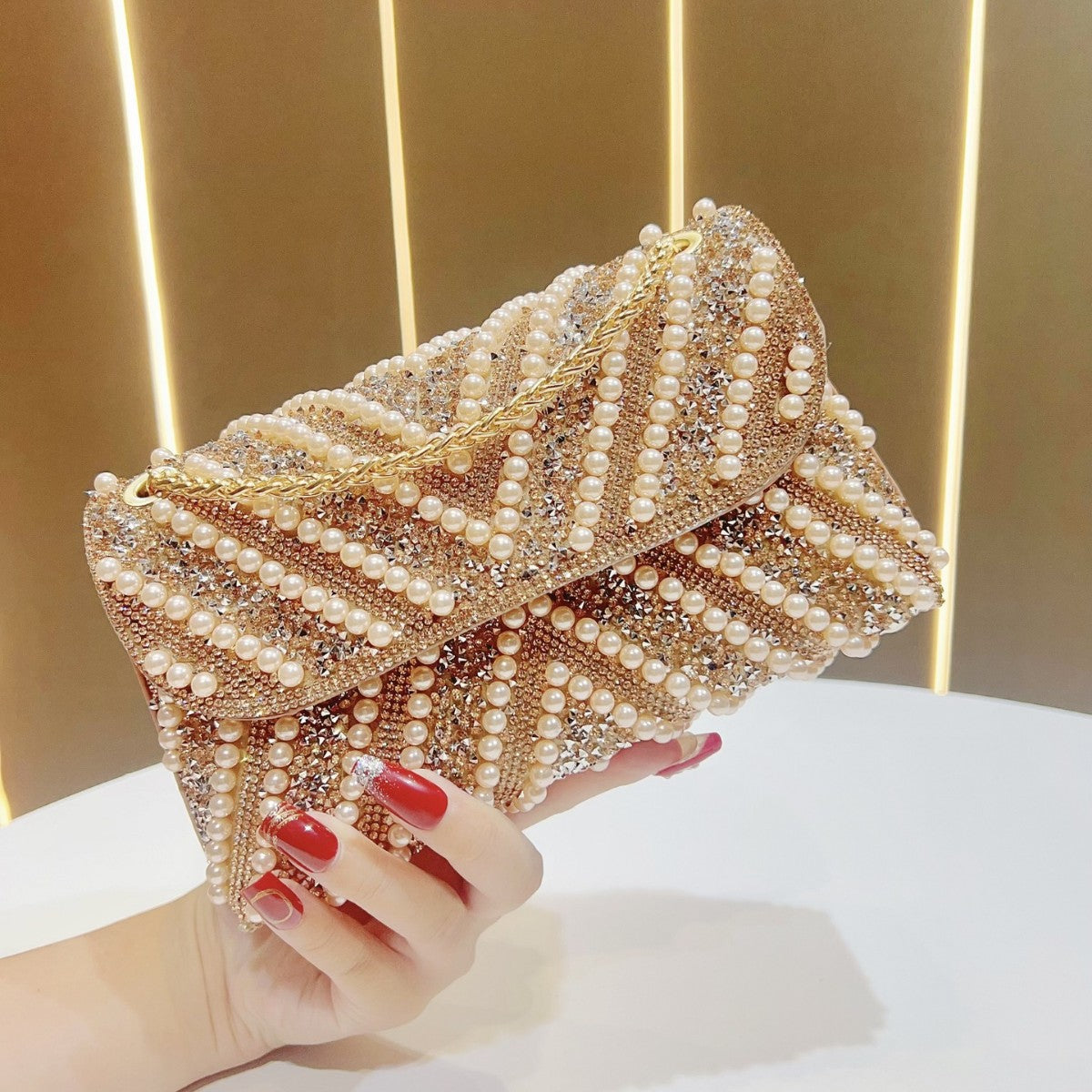 Style Vintage Pearl Rhinestone Banquet Shiny Not Smooth Flip Underarm Dinner Bag