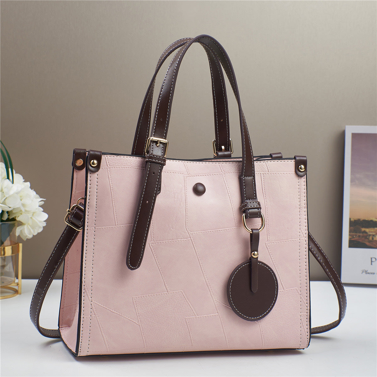 Women's Color Authentic Leather Tactile Feel Trendy Stitching Cute Women's Shoulder Bag
