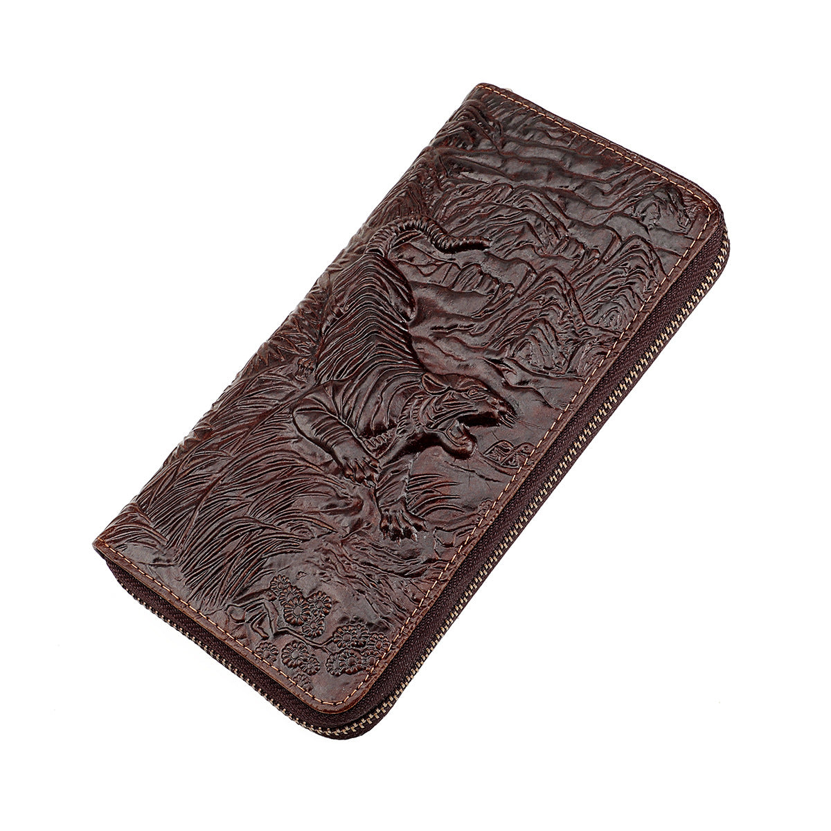 Tiger Rich Flower Lucky Mobile First Layer Cowhide Embossed Coin Purses