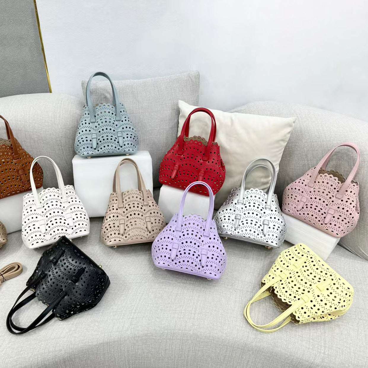 Women's Wave Calfskin Hollow Carved Basket High Women's Handbag