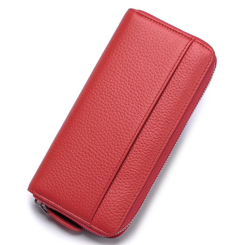 Women's First Layer Cowhide Organ Long Zipper Genuine Leather Large Capacity Ladies Wallet
