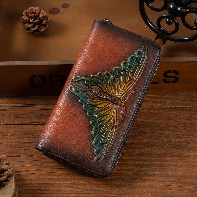 Women's Embossed Leather Vintage Clutch First Layer Cowhide Change Ladies Wallet