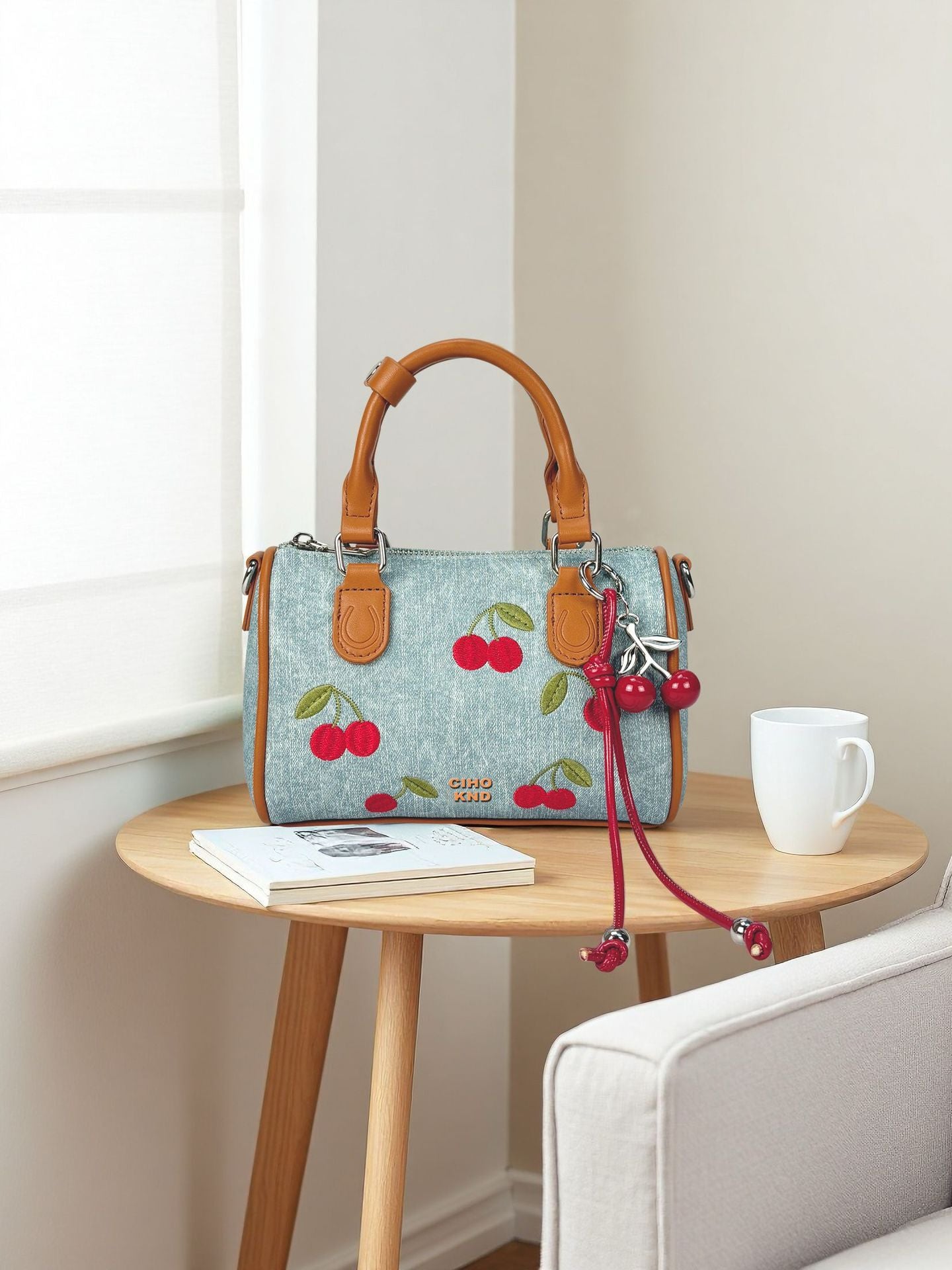 Women's Sweet Cherry Denim Blue Boston Super Women's Messenger Bag