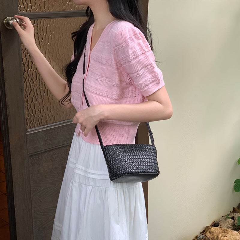 Women's First Layer Cowhide Woven Boat Niche Women's Shoulder Bag