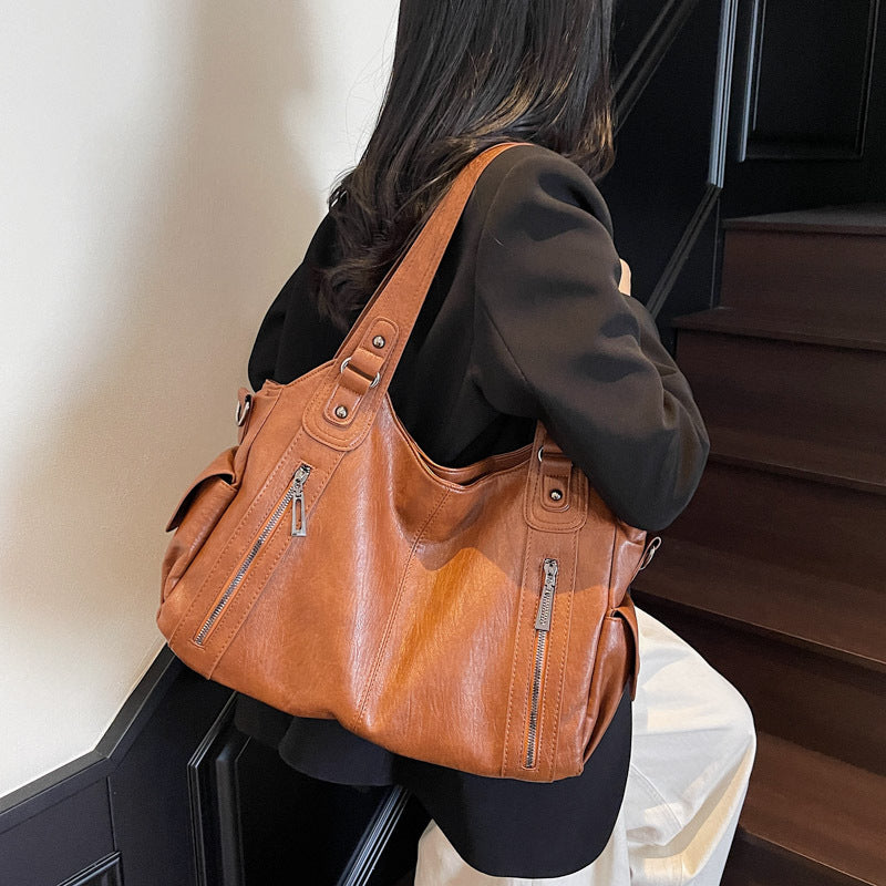 Women's High-grade Fashion Brown Solid Color Large Women's Shoulder Bag